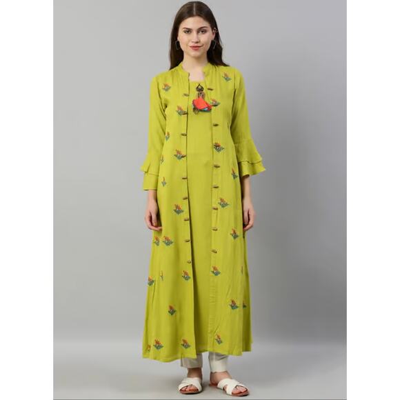 Neerus Green Embroidered A Line Kurta w/ Jacket Maxi Bell Sleeve Womens XXL 2XL - Picture 1 of 10